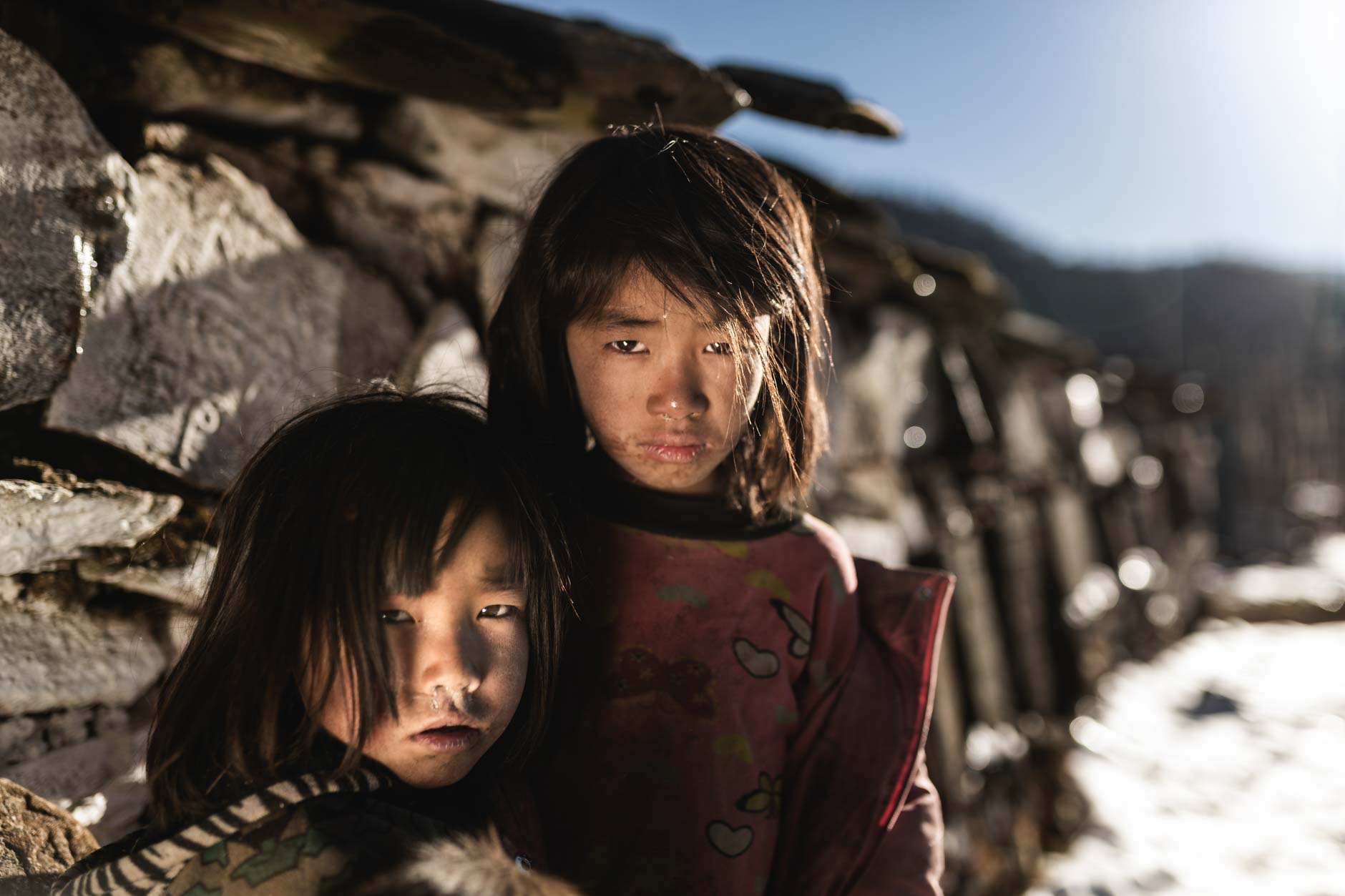 Portrait photography of two young girls in Merak, Bhutan