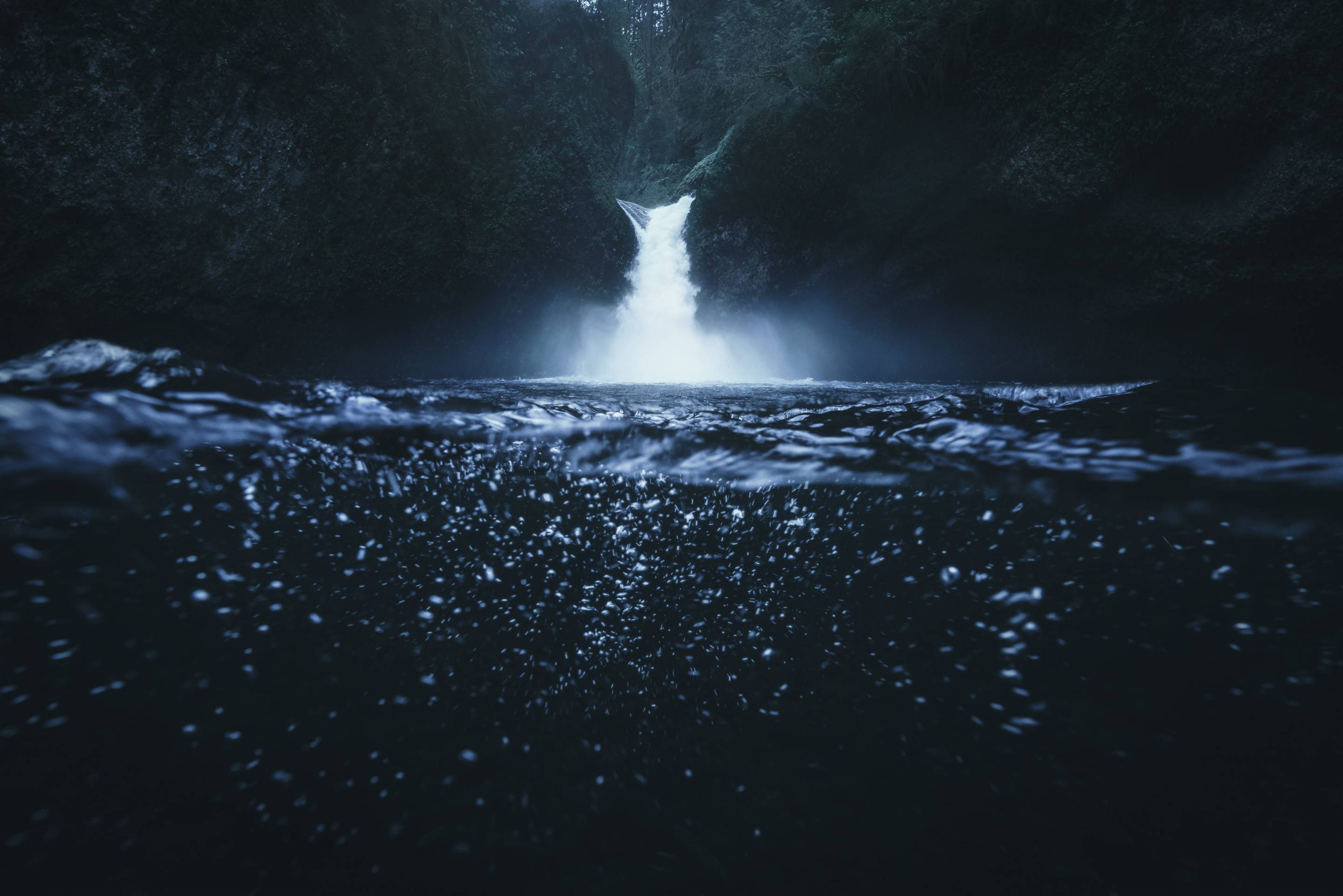 Underwater photography of Punchbowl waterfall in the Columbia River Gorge, Oregon