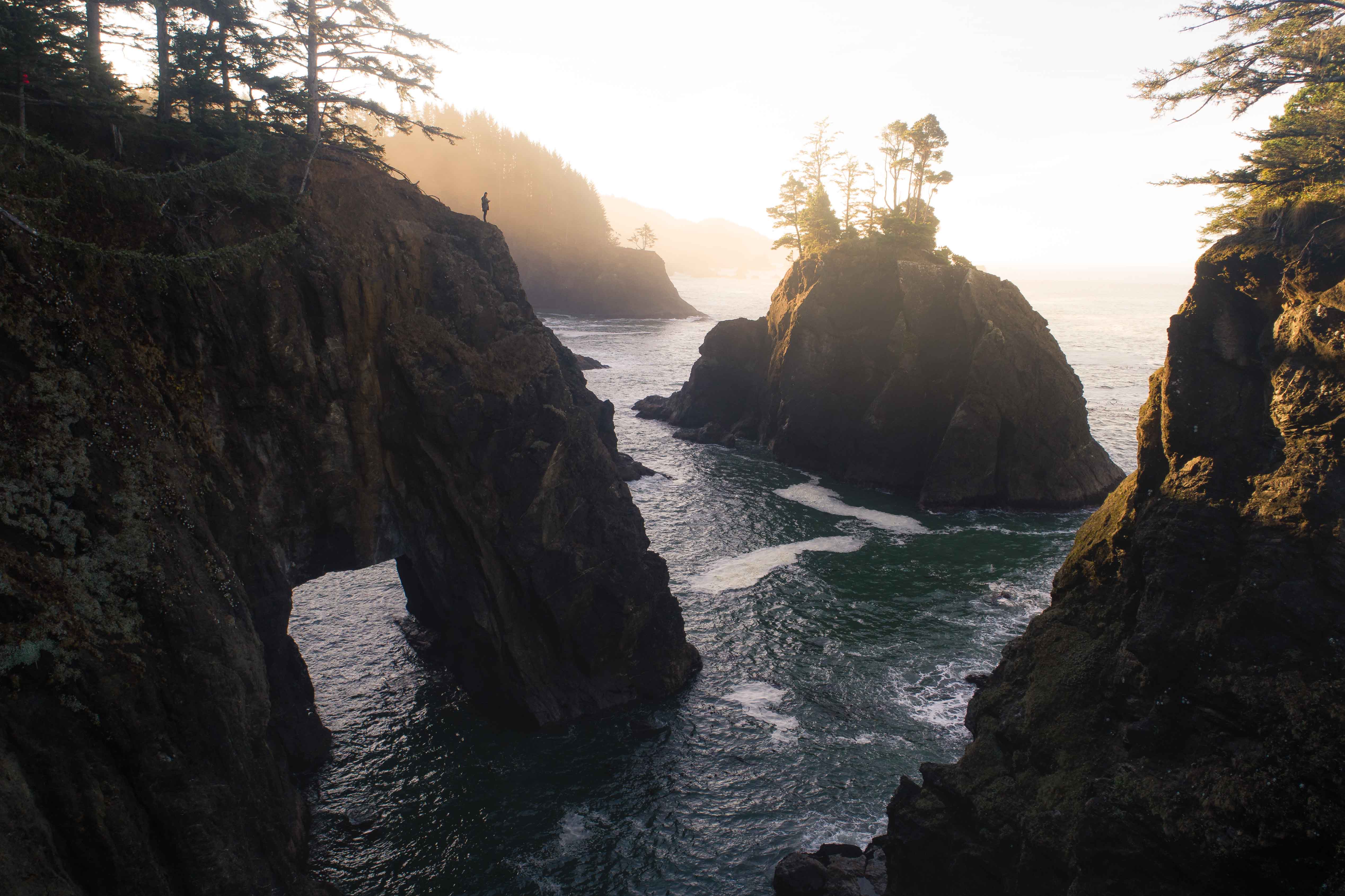 A person stands on a cliff on the Southern Oregon Coast during sunrise at Samuel H Boardman State Park