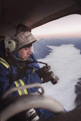 Michael Shainblum in a Helicopter Flight over Banff National Park, Canada