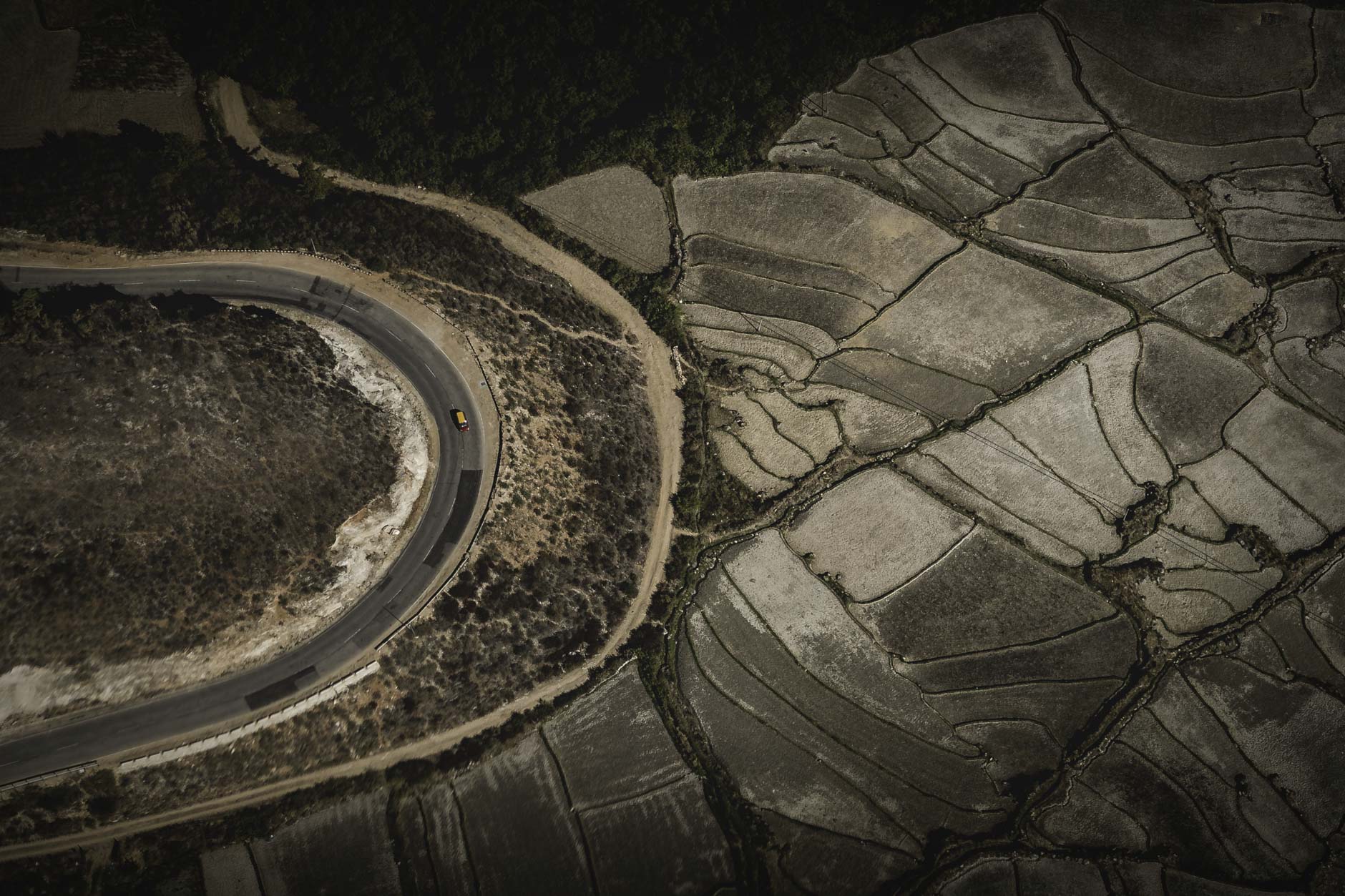 Aerial photography of a road and rice field in Bhutan