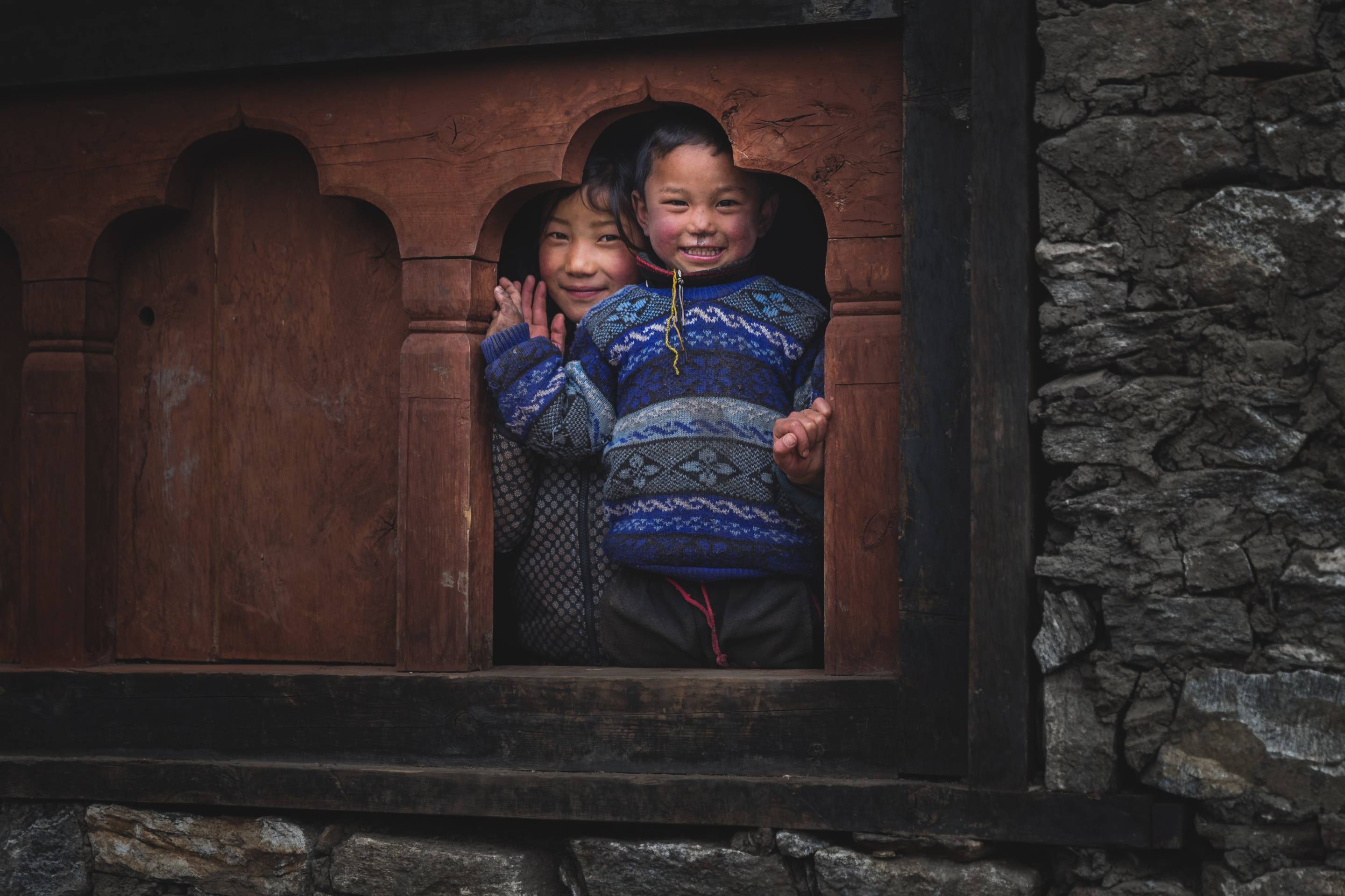 Photography of two Bhutanese children in Laya, Bhutan
