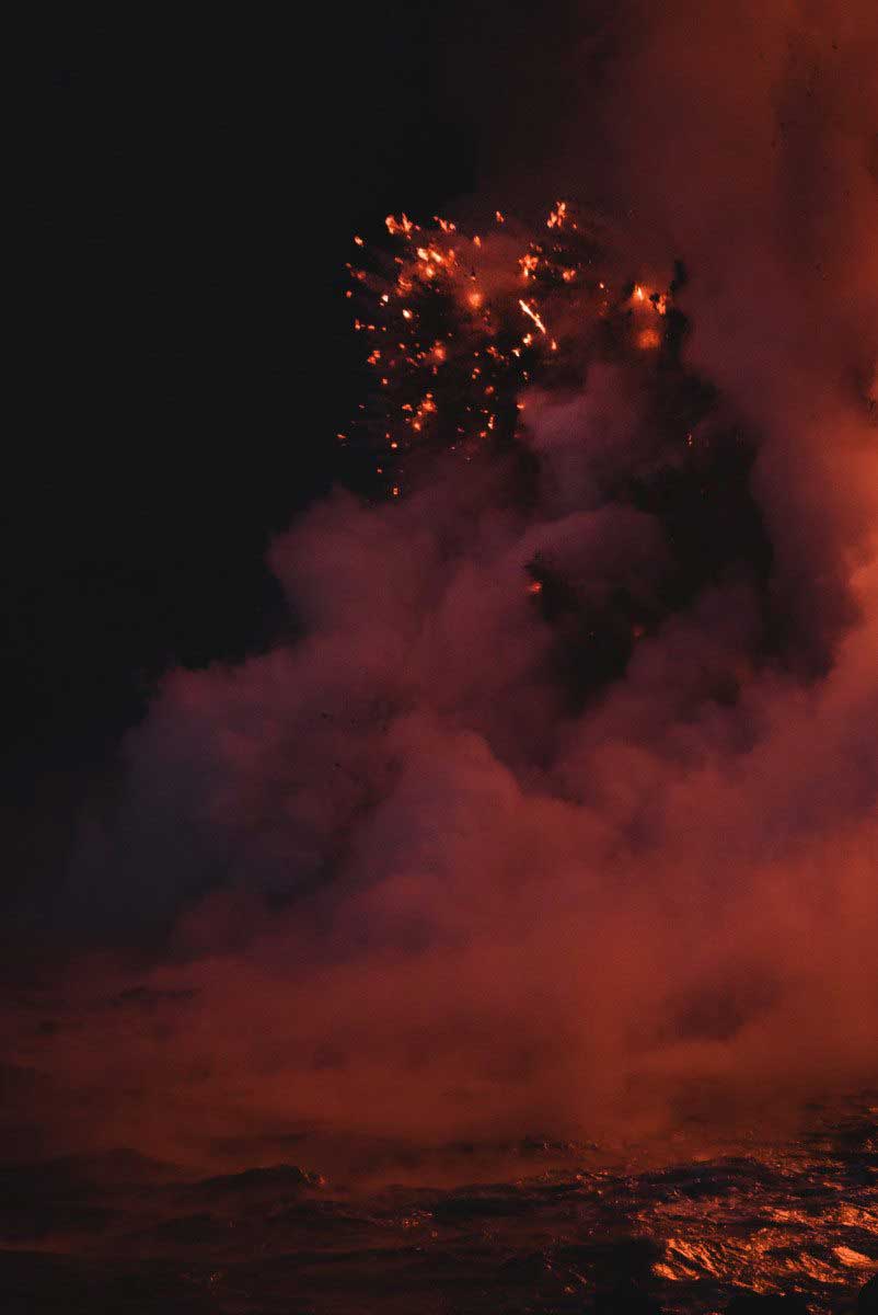 An explosion of lava rock at a lava spout in Hawaii Volcanoes National Park