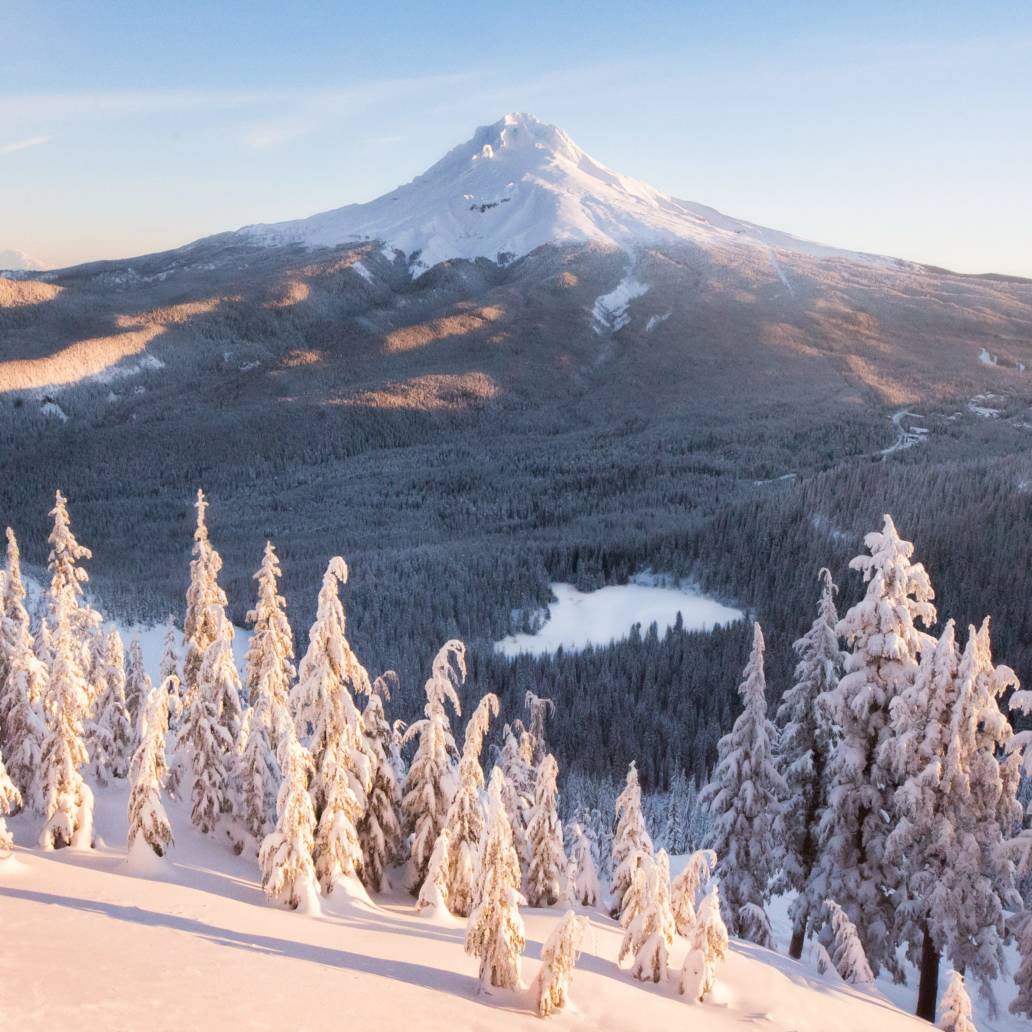 Landscape photography of a snowy Mount Hood, Oregon taken from TDH Mountain