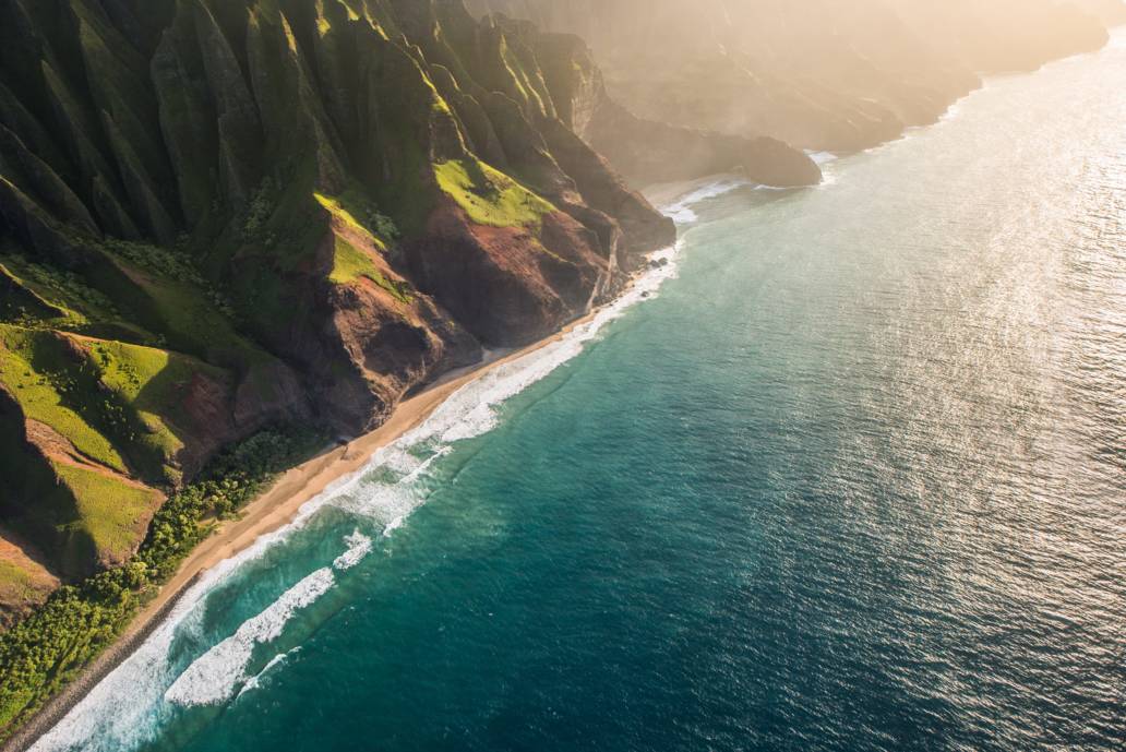 Aerial photography taken from a helicopter of the Na Pali Coast in Kauai, Hawaii