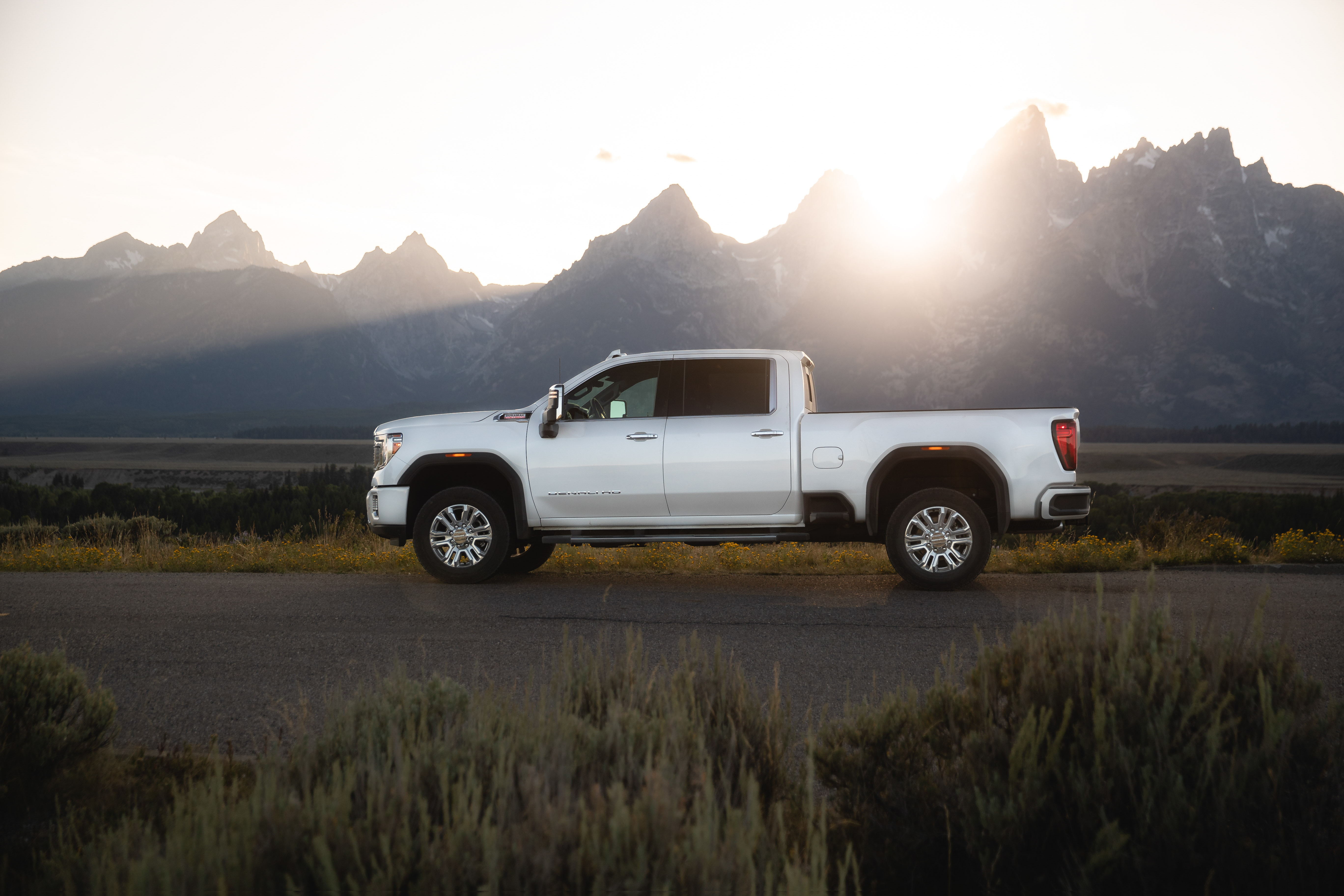 Vehicular outdoor commercial photography of GMC Sierra Denali HD in Teton National Park