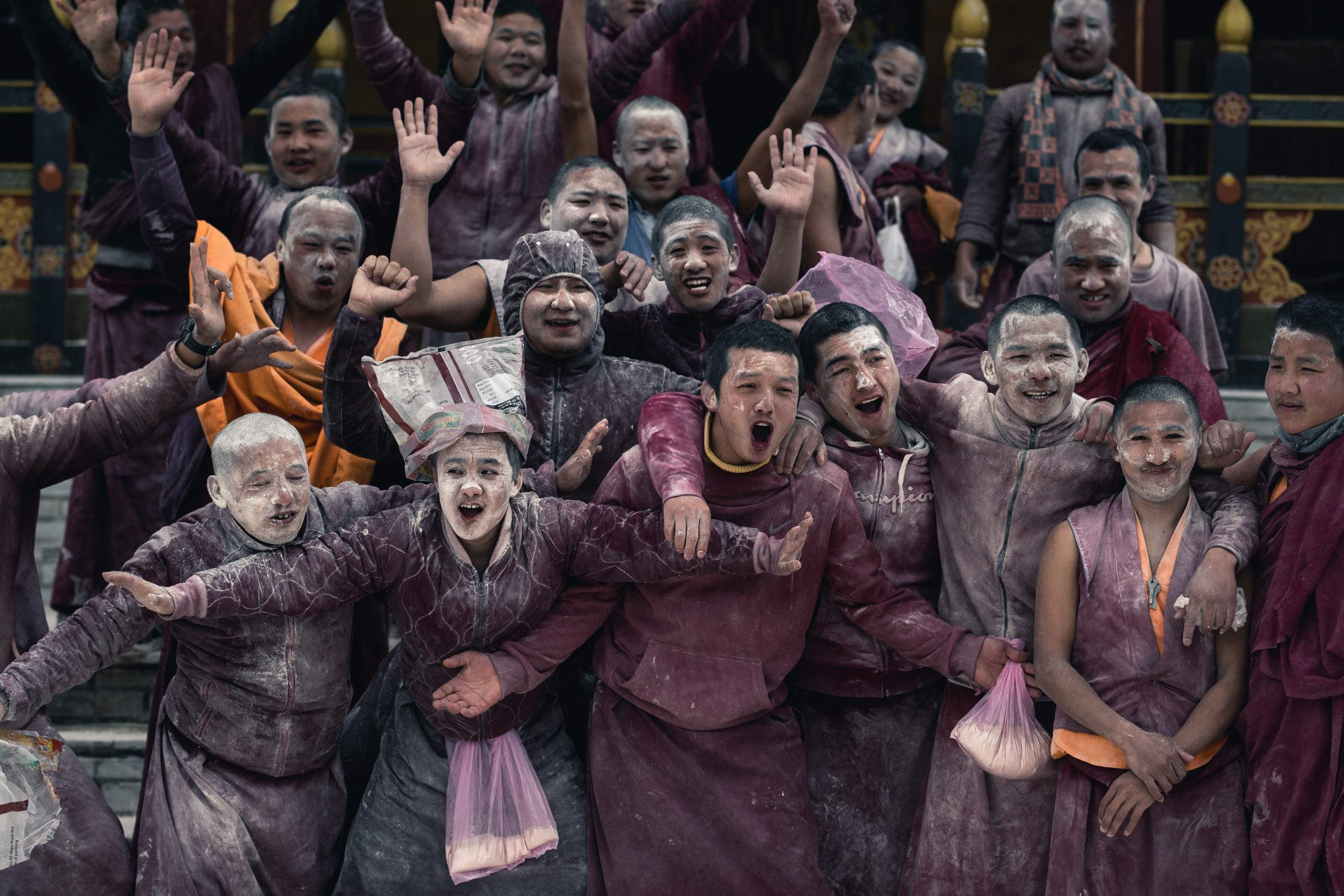 A group of Bhutanese monks participating in the Losar New Year Festival at a Monastery in Central Bhutan