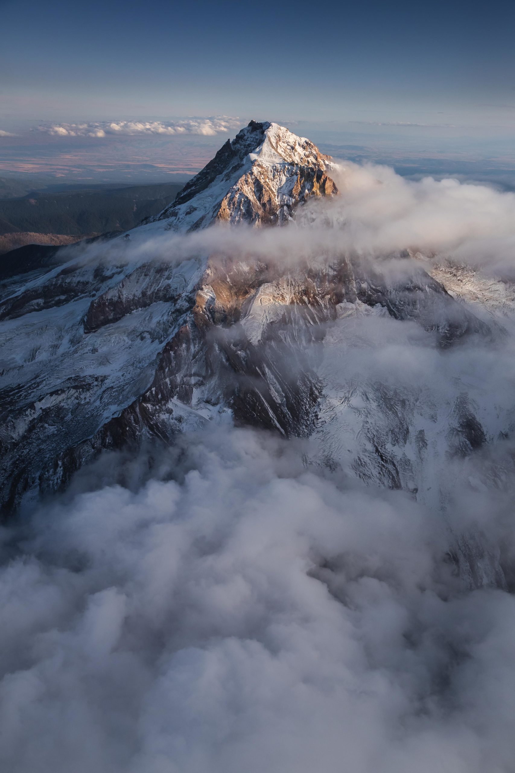 Landscape aerial photography taken of Mount Hood, Oregon from a small plane