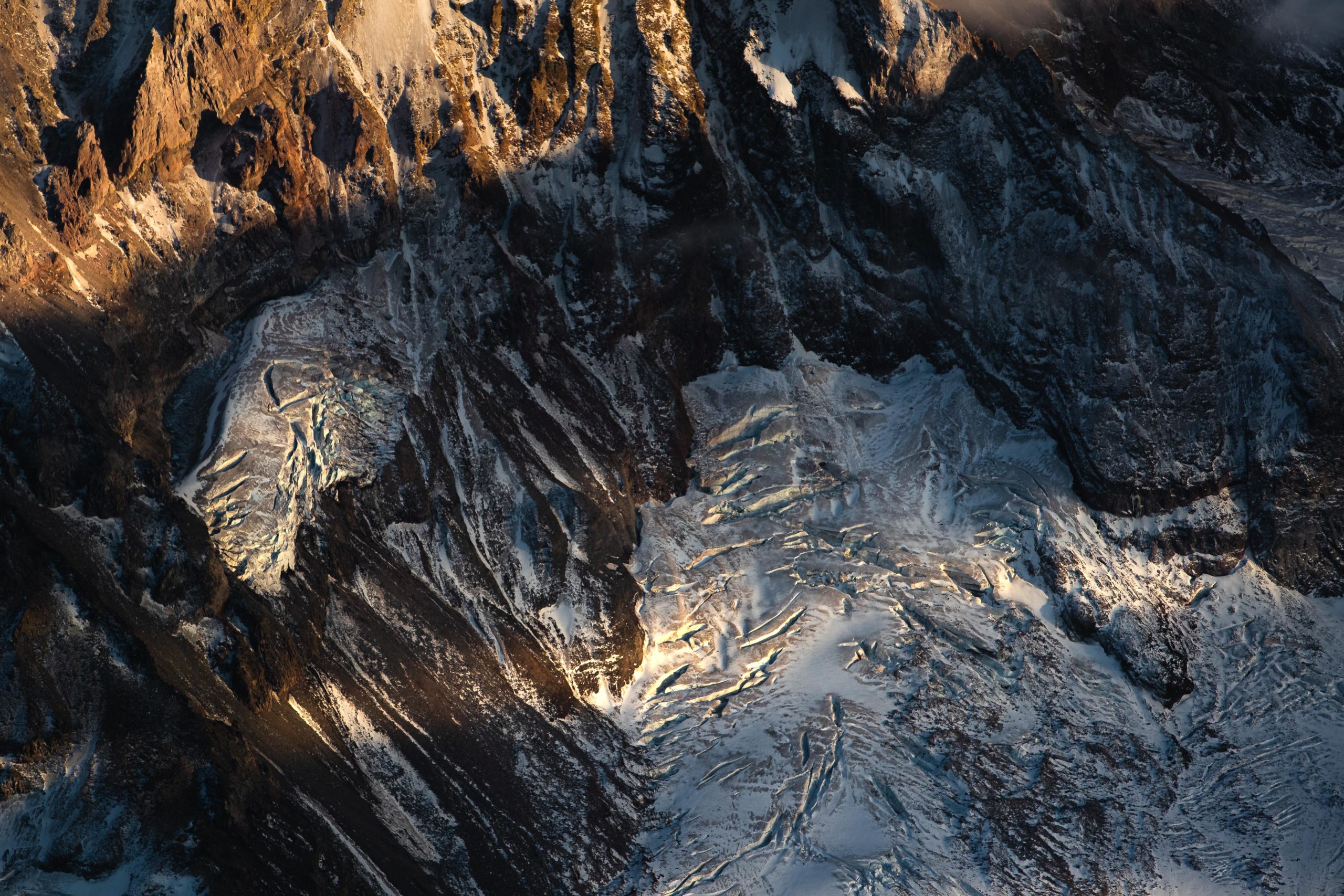 Closeup aerial photography of a glacier on Mount Hood, Oregon