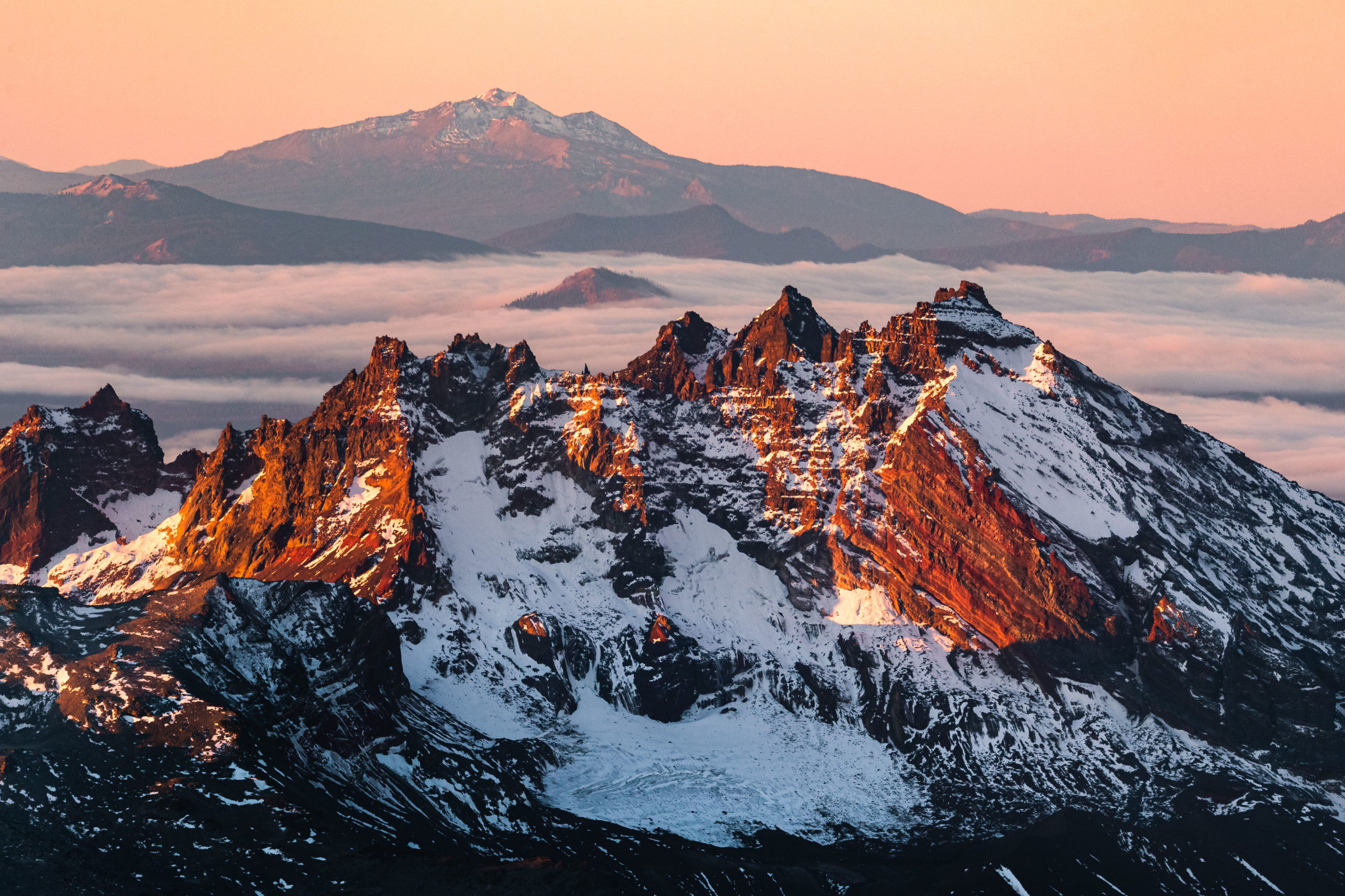 Aerial photography of Broken Top Mountain during sunrise