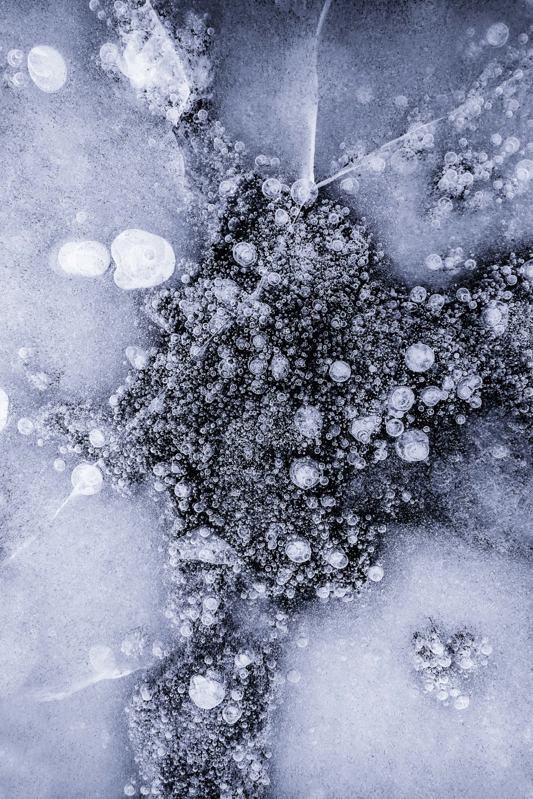 Closeup macro photography of bubbles inside a frozen lake in Iceland