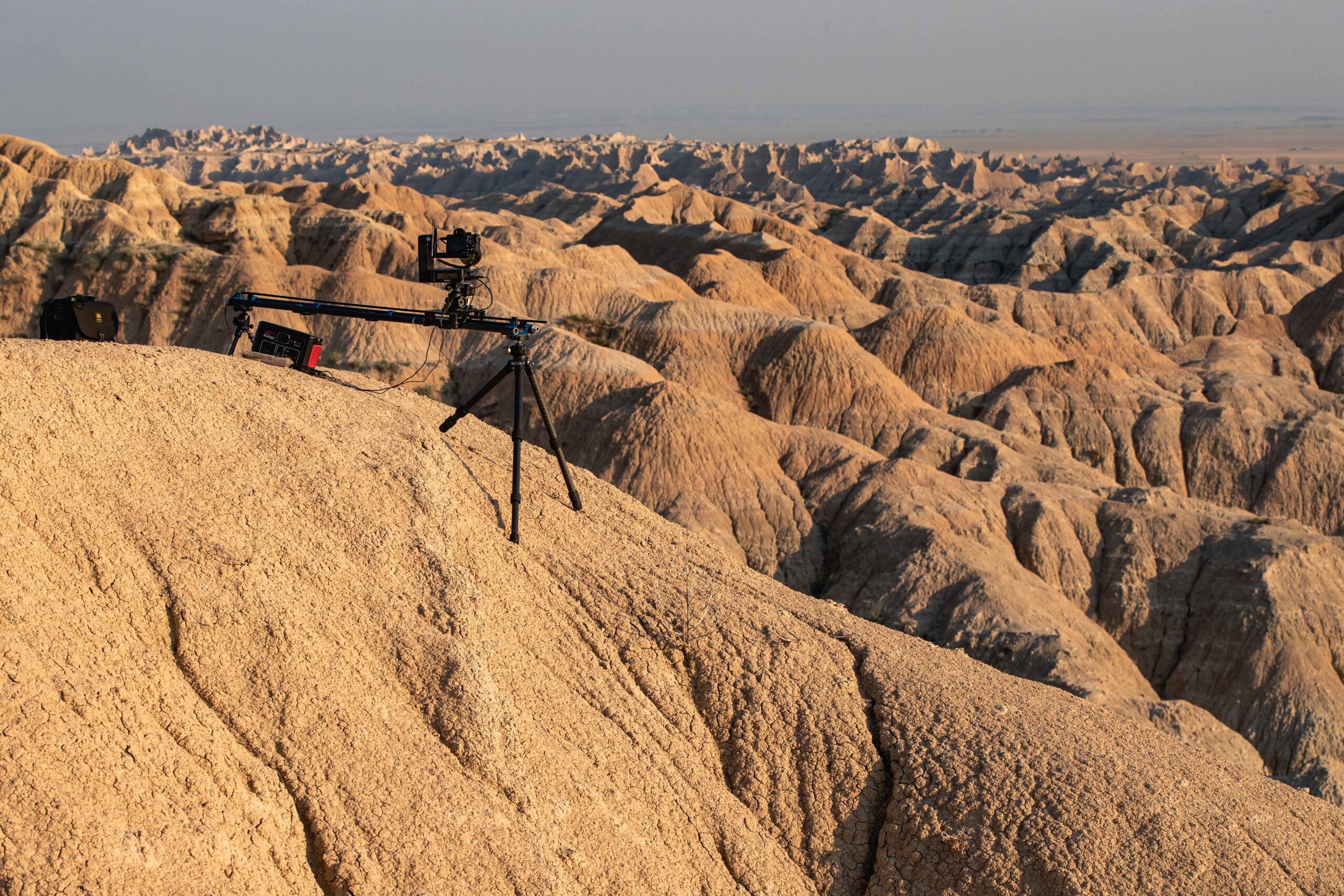 Behind the scenes of a motion controlled timelapse setup in Badlands National Park, South Dakota during sunset by Andrew Studer