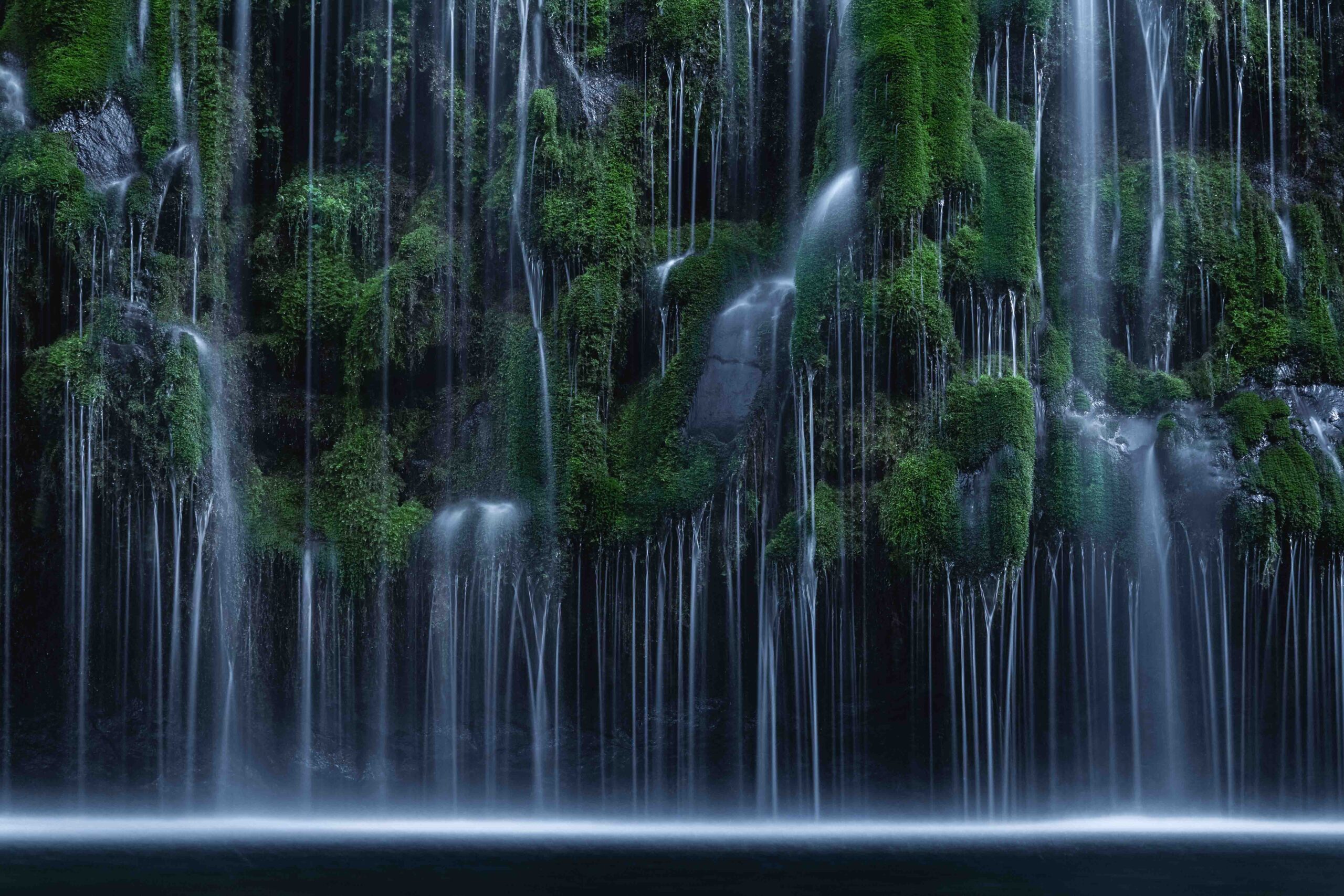 Long exposure photography of water flowing down a lush, mossy wall in the Pacific Northwest