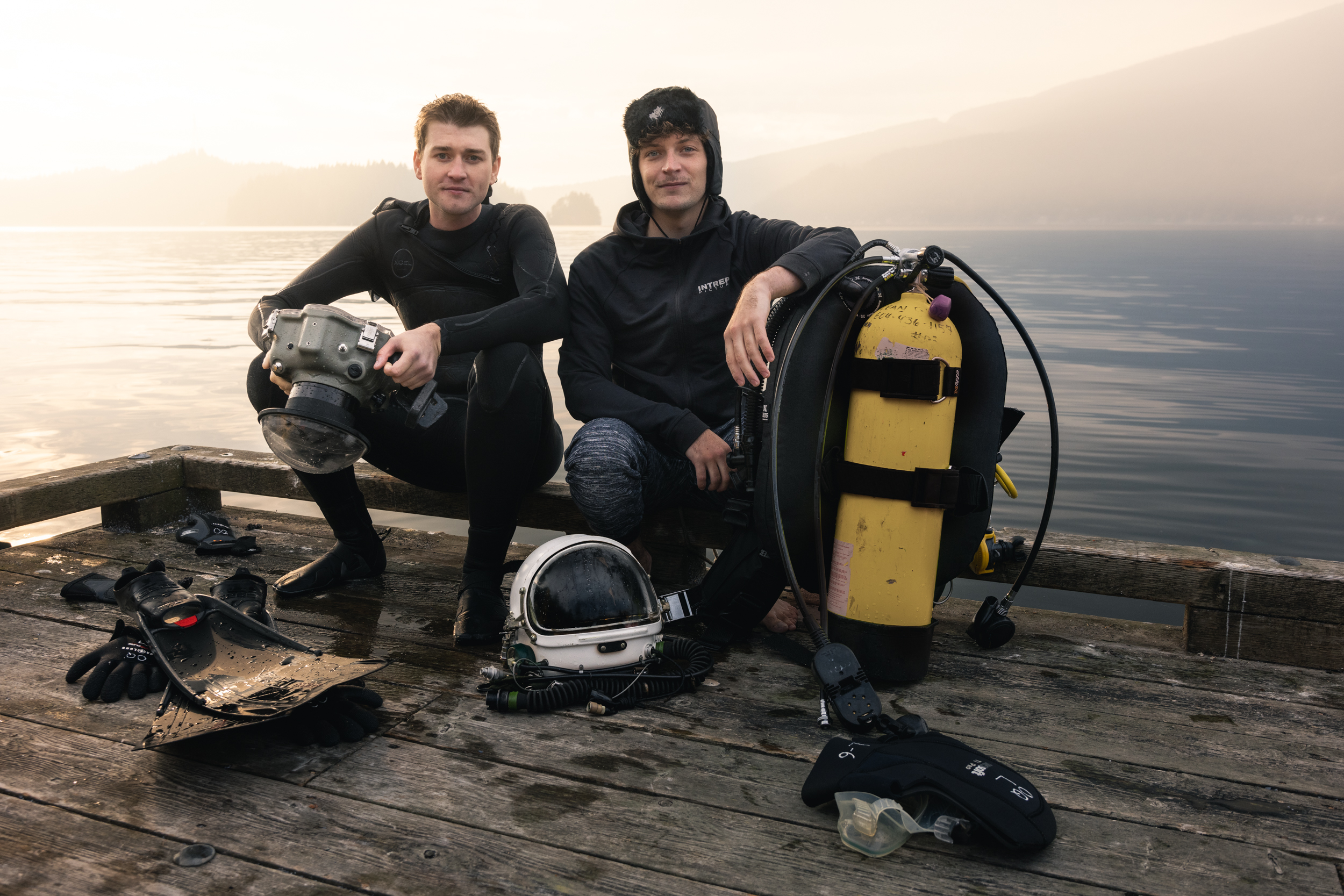 Andrew Studer and 'astronaut' Josh Goodman after freediving with a large bloom of moon jellyfish in British Columbia for 'Space to Roam.' Behind the scenes photo by Bailey O'Bar: Baileaves Photography