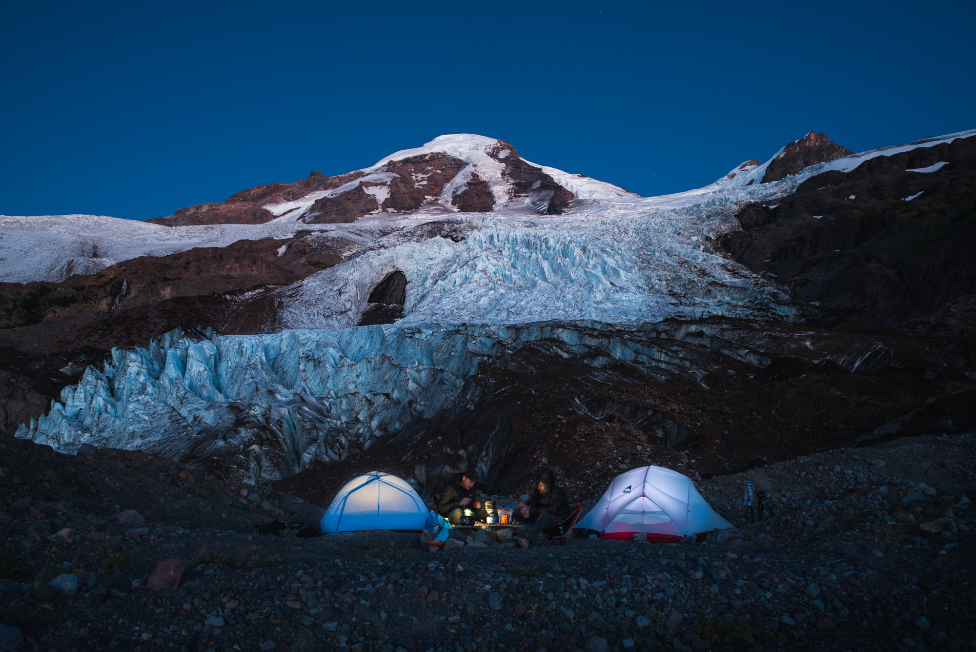 Blue hour of our camp on Coleman Glacier on Mount Baker where we spent two weeks living.