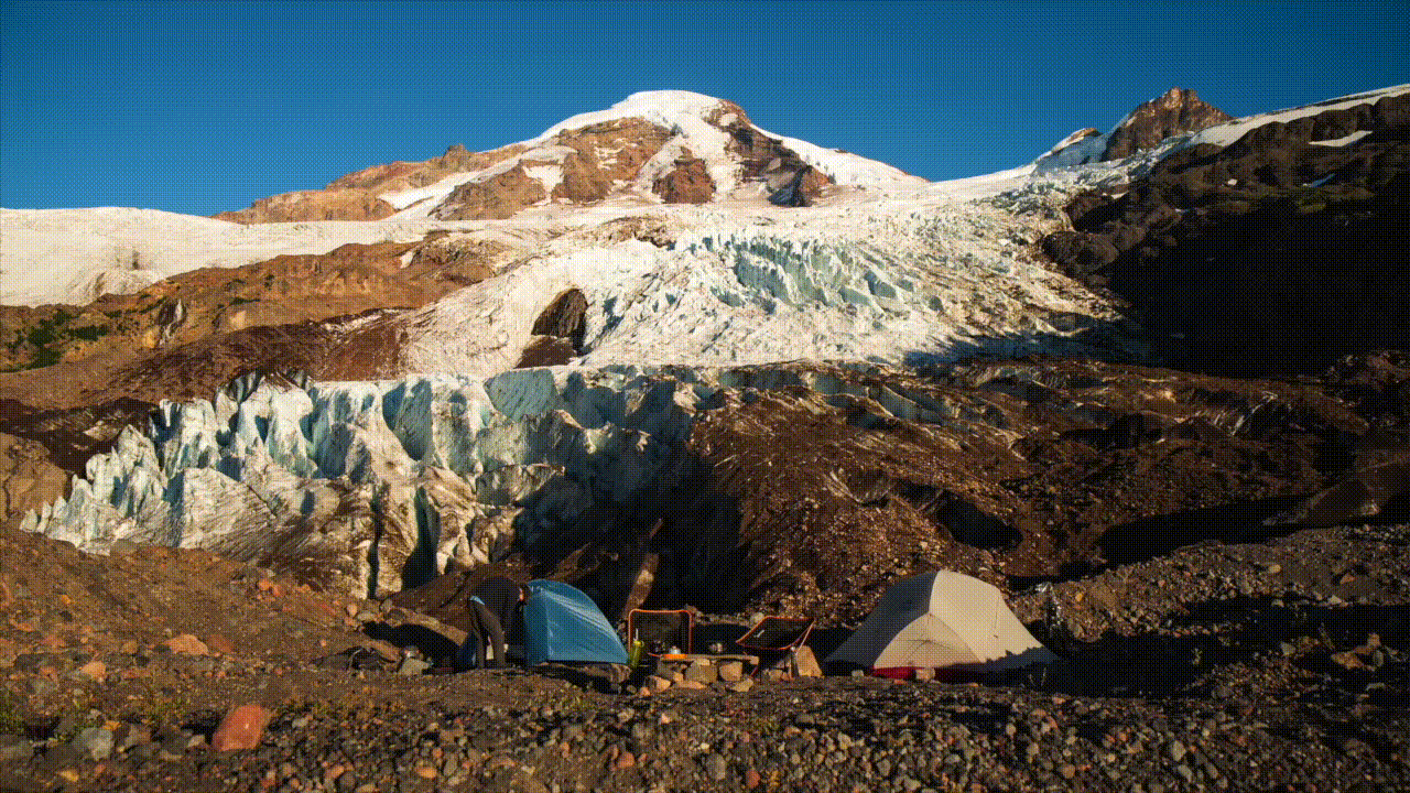 Day to night timelapse of Andrew Studer and Nick Grier's campsite on Coleman Glacier while on production for National Geographic's 'America the Beautiful' on Disney Plus.