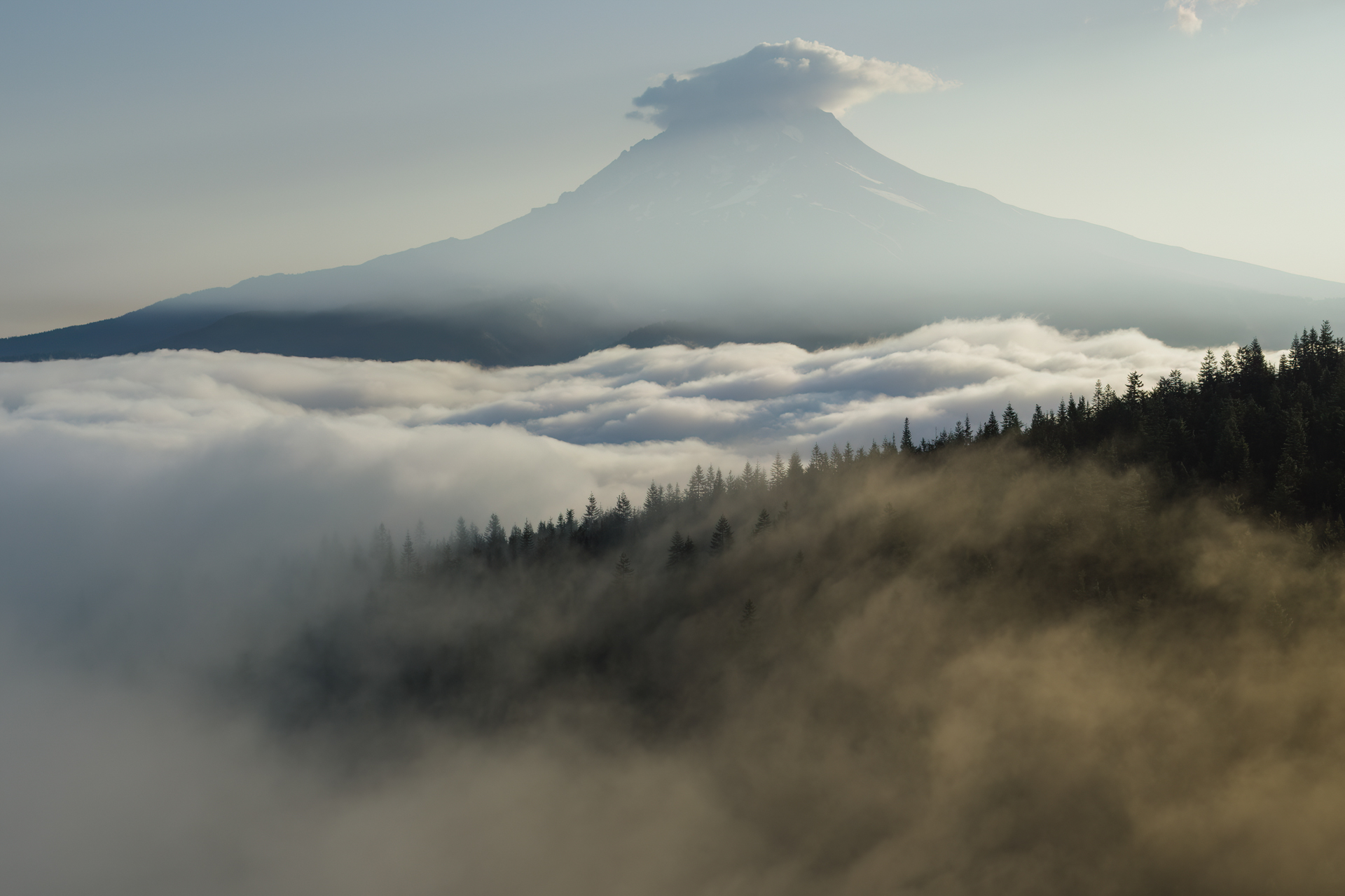 Aerial landscape photography of Mount Hood, Oregon high above the fog