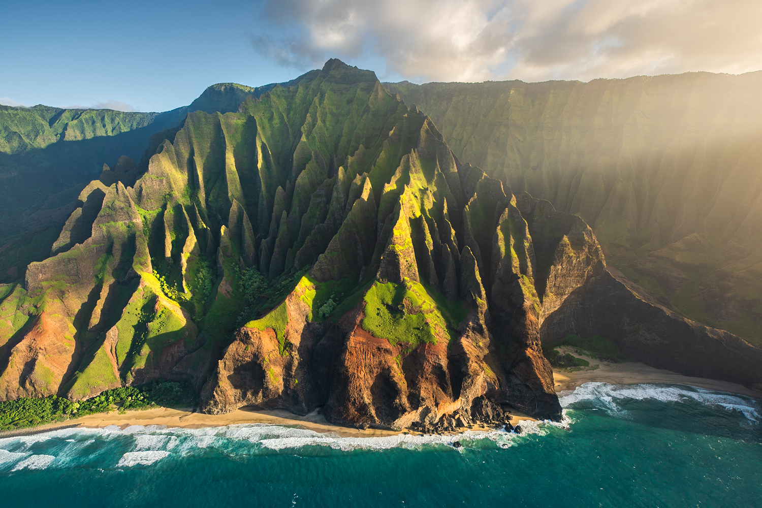 Aerial landscae photography of the Na Pali Coast on Kauai, Hawaii