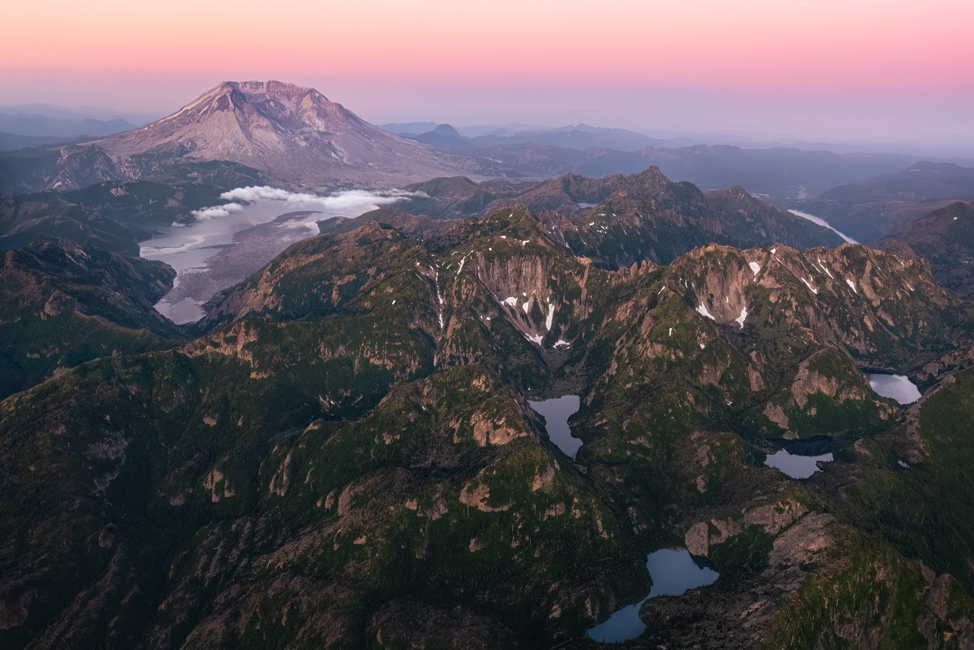 Aerial landscape photography of alpine lakes at the base of Mt St Helens during sunrise